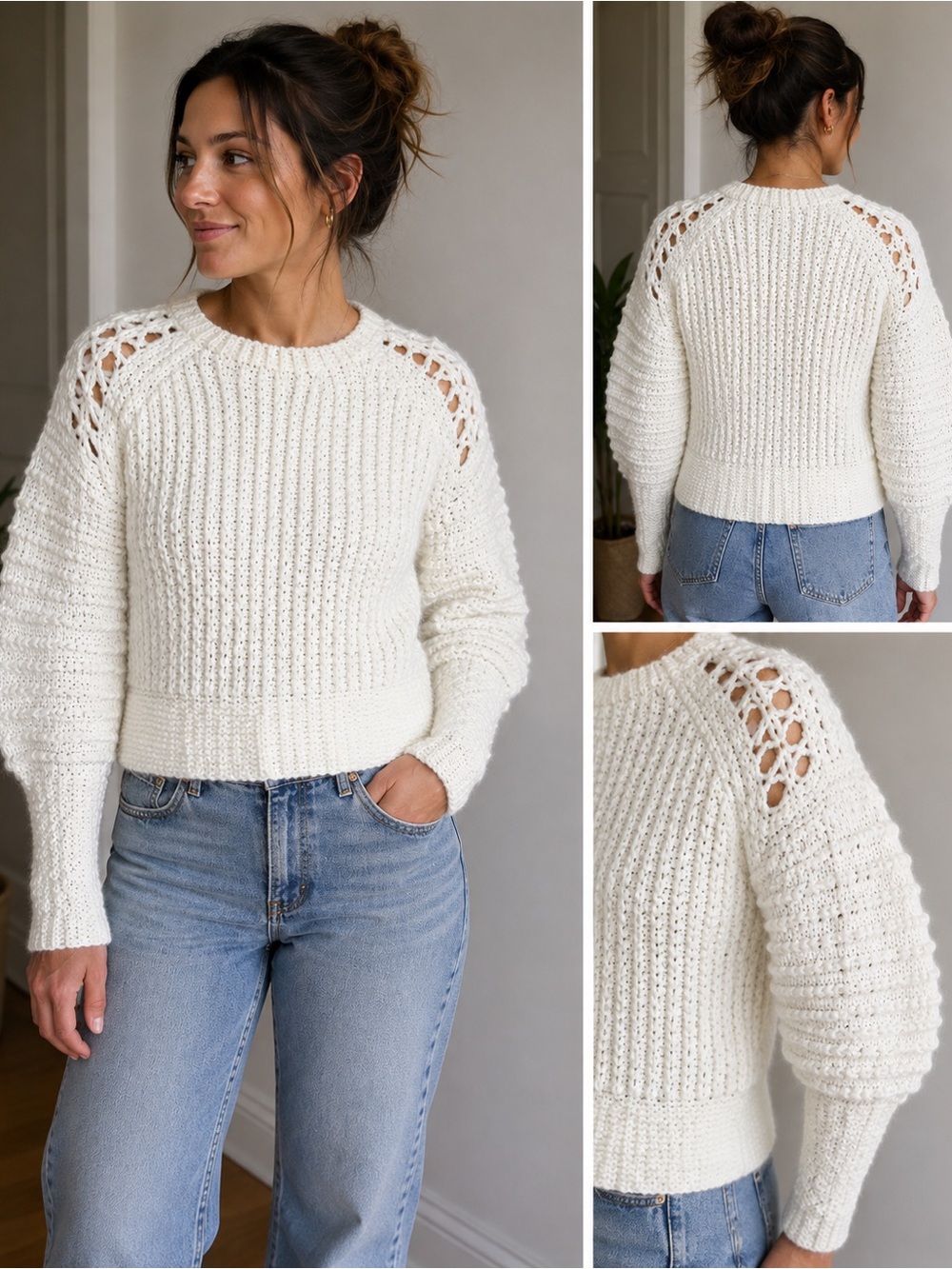 Handmade Ivory Knit Sweater Openwork Shoulders Size M